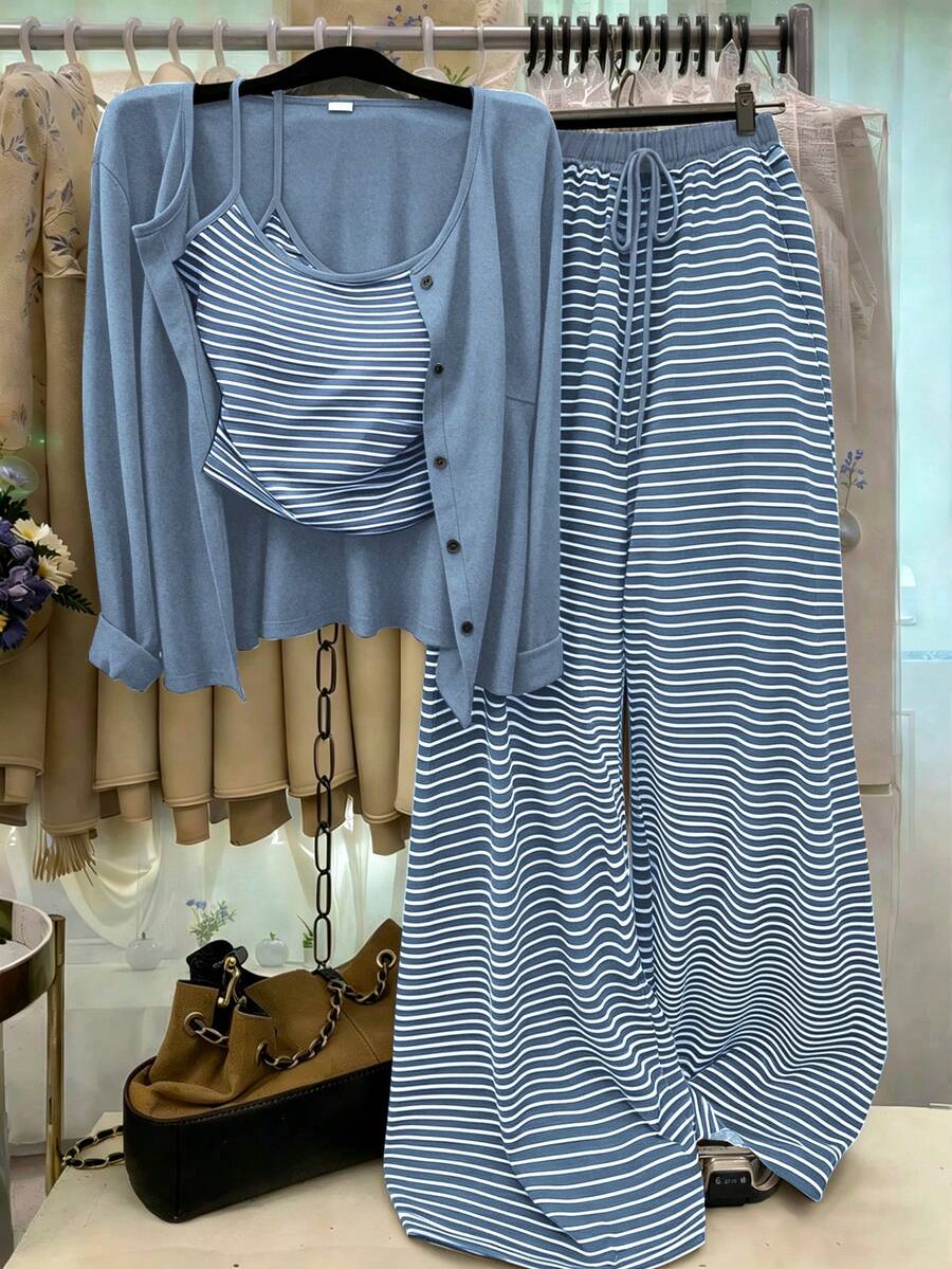 GlowEve CURVE Plus Size Solid Color Knit Cardigan, Front Button Closure, Striped Fitted Drawstring Decor, Elegant Casual Commute Daily Wear Pants Fall - Blue and White - View 1