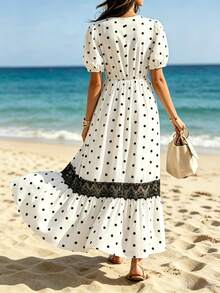 GlowEve CURVE Robe à pois grande taille, robe mi-longue à col V en dentelle noire avec manches pétales, style flatteur et vintage pour femmes rondes - Blanc - Voir 2