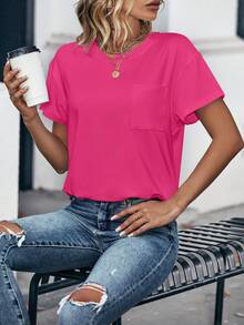 EMERY ROSE Camiseta unicolor con parche de bolsillo - Rosa Fucsia - Ver 6