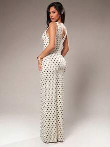 Vestido de mujer de verano, elegante y chic, combinación de marrón y amarillo con lunares, vestido de cuello en V escotado, vestido de sirena, vestido ajustado, vestido largo, v - Amarillo - Ver 2