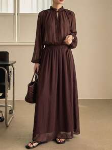 DAZY Women's Solid Color Mandarin Collar Lantern Sleeve Elegant 2-Piece Set, Suitable For Spring & Summer - Black - View 4