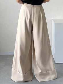 DAZY Women's Solid Color Pleated Wide Leg Loose Casual Long Pants - Apricot - View 3