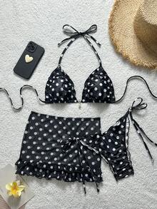 SHEIN Swim Mod 3件組 春夏度假純色花卉紋理面料珍珠貝殼裝飾荷葉邊飾掛脖三角比基尼上衣、側綁比基尼褲與雙層荷葉邊裙性感比基尼套裝 - 黑與白 - 查看 1