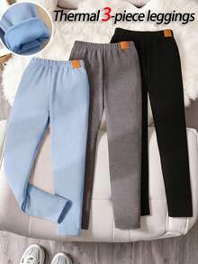 SHEIN 3pcs/Set Tween Girls All-Match Casual Thermal-Lined Soft Ribbed Faux Leather Patch Letter Leggings, Black/Grey/Blue, Comfortable Essential Versatile Leggings Set - Blue - View 5