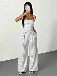 SHEIN PETITE 女款商務休閒黑白條紋西裝長褲，高腰大碼寬腿長褲，辦公室穿搭，百褶闊腿褲，秋季，小個女款 - 白色 - 查看 3