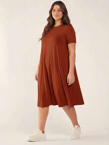 SHEIN BASICS Plus Size Women's Solid Color Casual Party Outing Short Sleeve Dress - Rust Brown - View 5