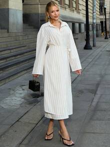 Sandy Gomes Spring & Summer Loose Business Casual Vacation Style Fashion Office Wear Street Textured Striped 2 In 1 Waist Tie Wrap Design Long Shirt Elegant - Beige - View 3