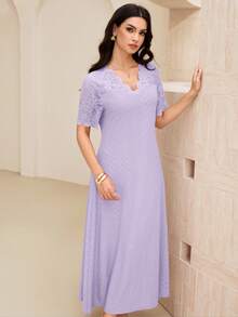Lacomfia V-Neck Contrast Lace Textured Knit Mid-Length Dress For Women - Purple - View 4