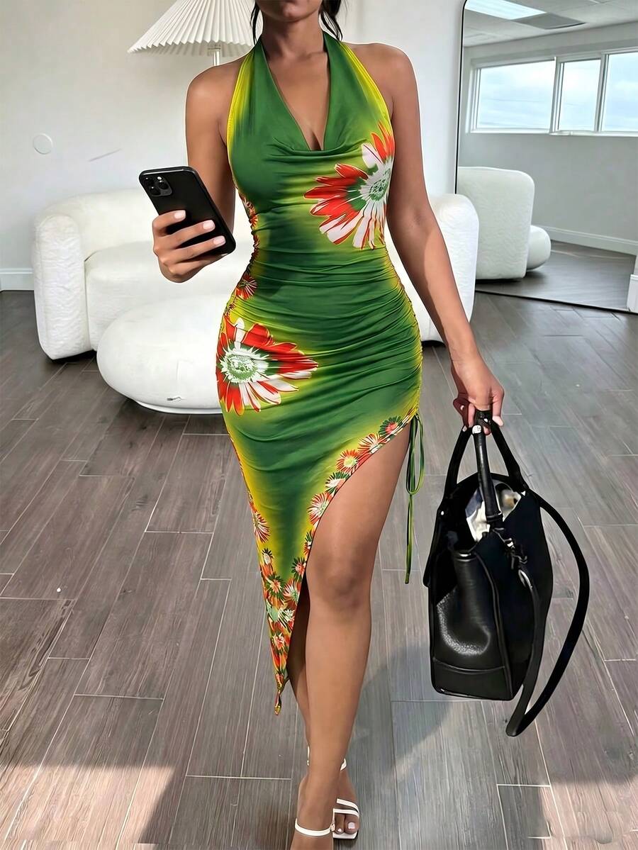 Eryvara 女士波西米亚风度假荷叶边领口不对称下摆无袖修身连衣裙（碎花印花）