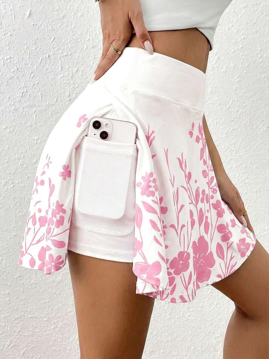 SHEIN Essnce 女款夏季花卉印花高腰裙褲,附手機口袋 - 粉色 - 查看 1