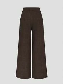 Elenzga New Women's High Waist Side Zipper Decor Button Design Wide Leg Pants, Elegant Casual Daily Wear, Spring/Autumn - Brown - View 2