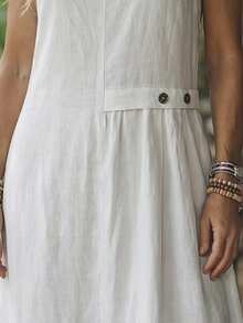 SHEIN Women's Sleeveless Button Decorated Washed Cotton Dress With Pockets - White - View 5