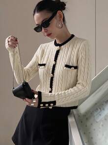 Wynsel Women's Elegant Contrast Trim Button Knit Sweater, Autumn - Beige - View 12
