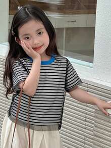 Dazy Kids 少女夏季休閒條紋短袖網紗雙層T恤 - 黑色 - 查看 4