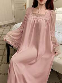 DAZY 浪漫蕾絲拼接公主風甜美長洋裝，夏季女款睡衣睡袍 - 藍色 - 查看 4