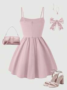 Teen Girl Solid Color Pleated Design Fashion Camisole Dress - Pink - View 2