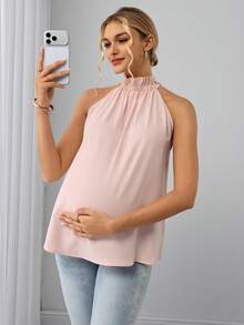 SHEIN Maternity Sweet Fashionable Elegant Elastic Neckline Ruched Tank Top Baby Shower Summer Pink And Blue Wedding Gender Reveal Guest Delivery - Pink - View 8