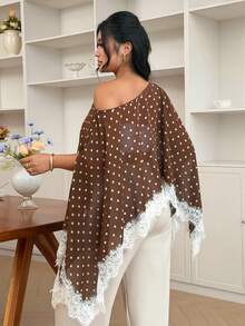 Modelyn Plus Size Women's Solid Color Asymmetrical Shoulder Split Sleeve Short Loose Blouse, Lace Trim Patchwork Fall - Coffee Brown - View 2