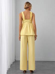 Momance 2pcs Maternity Set, Ruffled Camisole Top Paired With Flowy Wide-Leg Pants, Comfortable Versatile, Gentle Elegant Style Suitable For Pregnancy Daily - Yellow - View 4