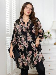 Reflora Plus Size Elegant Commuter Floral Print Blouse - Multicolor - View 7