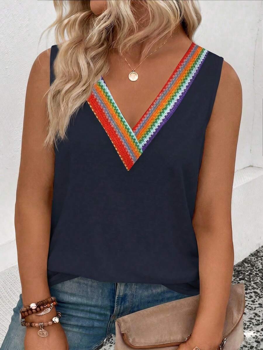 EMERY ROSE Women's Spring/Summer New Hot-Selling Colorful Wavy Striped Pattern Patchwork Neckline, Casual Versatile Short Sleeve Plus Size T-Shirt - Multicolor - View 1
