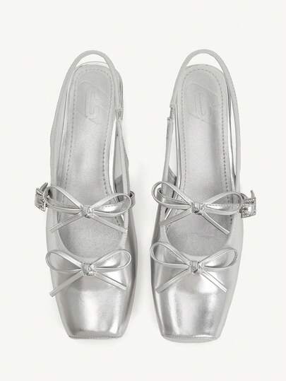 CUCCOO CHICEST Zapatos de mujer nuevos para primavera y verano con doble lazo, hebilla con diamantes, elegante y sexy, punta cuadrada, tacón grueso, tacón bajo, lindos y preciosos zapatos de tacón alto plateados para fiesta y uso diario