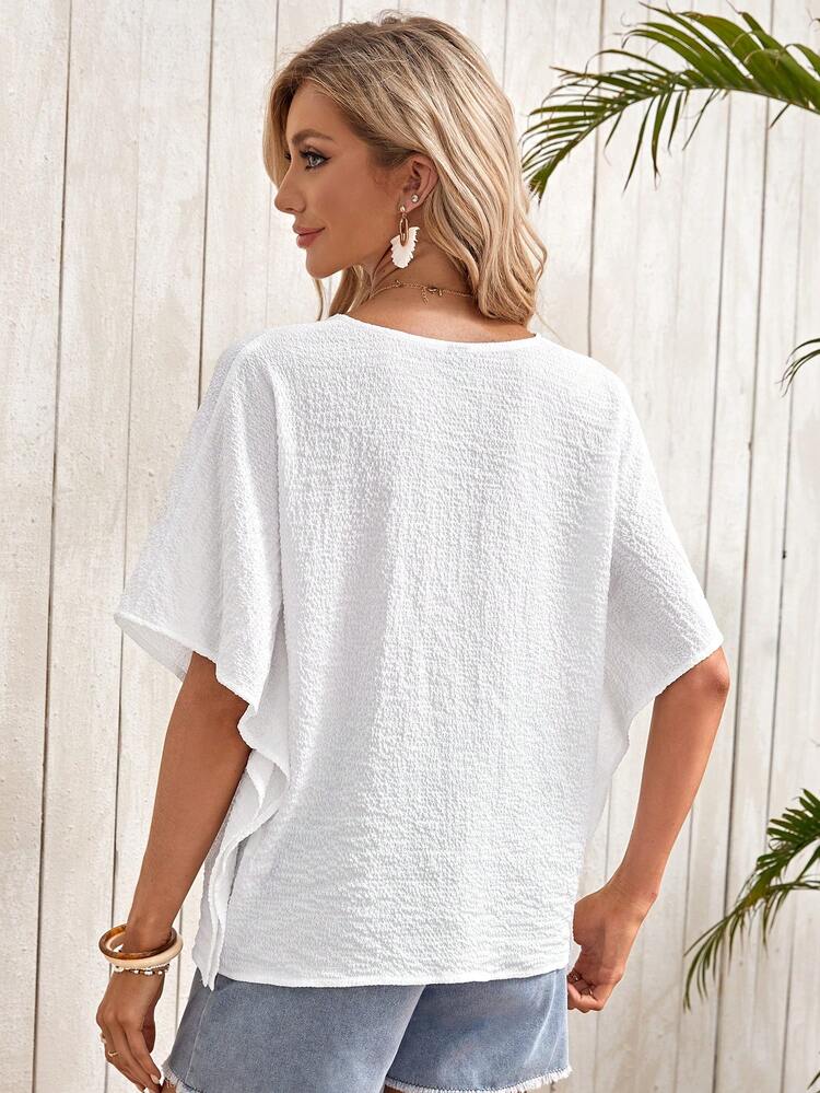 Women's Textured Vacation Button Batwing Sleeve V-Neck Blouse