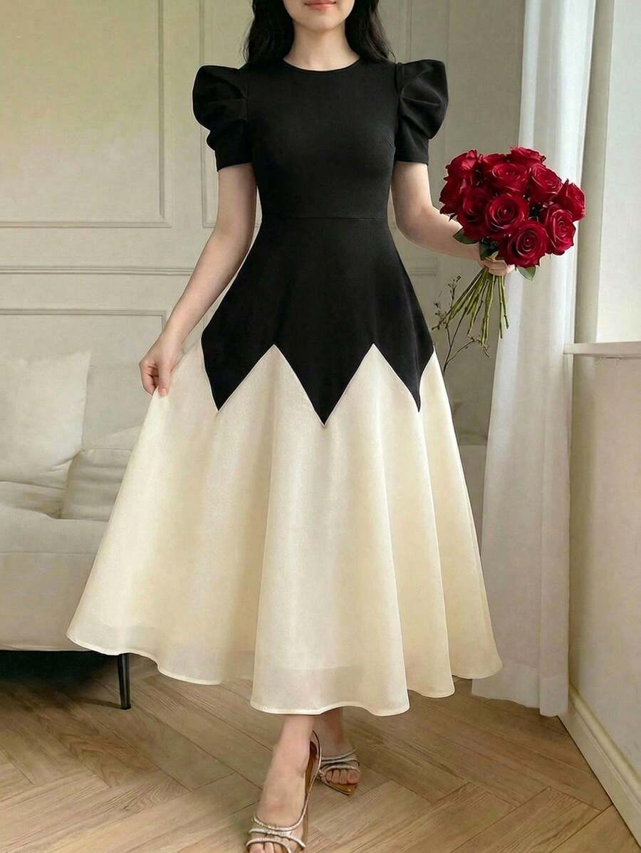 SHEIN 青少年女孩/青少年女孩黑白拼接歐根紗泡泡袖A字優雅正式禮服,適用於派對/宴會 - 黑色 - 查看 1