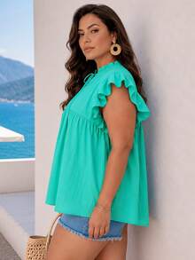 ELLERISSA Plus Size Light Blue Sleeveless Boho Bib Linen-Look Top Vacation Summer - Mint Blue - View 4