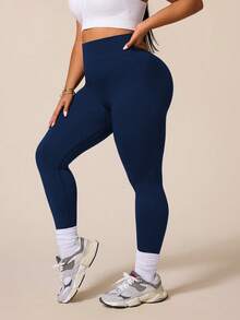 SHEIN Rhythm Era Plus Size High Waist Stretch Solid Color Seamless Sports Leggings - Navy Blue - View 4