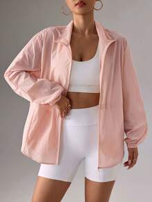 SHEIN Sports 女款輕量拉鍊抽繩腰身立領防曬外套，夏季 - 粉色 - 查看 3