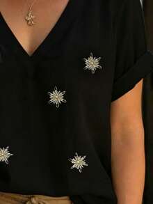EMERY ROSE Women's Cotton Embroidered Dropped Shoulder Short Sleeve White Shirt - Black - View 3