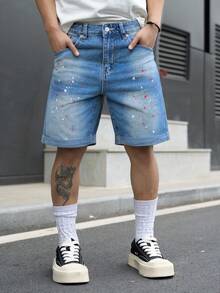 Manfinity Homme Pantalones cortos de mezclilla con bolsillo, botones y estampado pintado, versátiles y de moda para hombres, para vacaciones - Azul - Ver 5