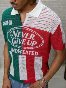 GALLERY FADE Men's Summer Casual Colorblock Patchwork Knit Top, Football - Red - View 4