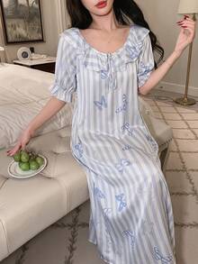 DAZY Women's Striped Butterfly Print Ruffle Hem Nightgown - Blue - View 6
