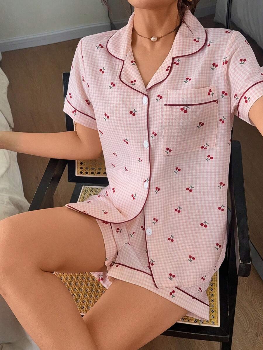 Napfluff 粉色格子樱桃印花衬衫领短袖短裤睡衣套装(女款) - 淺粉色 - 查看 1