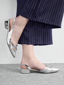 CUCCOO BIZCHIC 優雅銀色金屬尖頭扣帶厚底平底鞋，適合女性，舒適低跟款式，適用於辦公室、婚禮、派對以及春夏季鞋款 - 銀色. - 查看 3