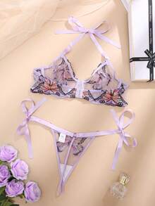 PetitDoll 2件組大尺碼甜美系列蝴蝶刺繡拼接鋼圈掛脖內衣內褲套裝 - 淡紫色 - 查看 5
