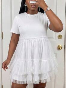 Slaydiva Plus Size Women's White,Summer,Cute,Party Elegant Frilly Poofy Puff Dress With Ruffle Hem,2026 Spring Commute,Graduation,Vacation & Business Casual - White - View 8