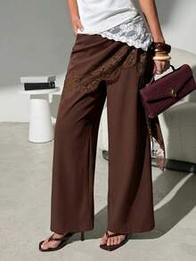 Lavishia Women's Fashion Lace Patchwork Asymmetrical Tie-Up Elegant Wide-Leg Pants - Khaki - View 5