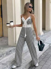 Serisse Women's Vacation Plaid Patchwork Fringe Design Jumpsuit - Black and White - View 5