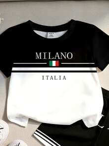 Souflis Souflis SHEIN 2件組男嬰休閒時尚度假格紋字母印花 MILANO, ITALIA 圓領短袖T恤與配套經典大字母印花短褲休閒套裝，夏季套裝，夏季，戶外，運動，適合戶外，運動，校園穿著，春/夏，韓系風格，返校，舒適易穿，時尚嬰兒，男童T恤，男童短褲，兒童圖案複製，新風格，春季氛圍與夏季度假氣息，返校，戶外活動，聚會，野餐，街拍，節日場合與禮物 - 彩色 - 查看 5