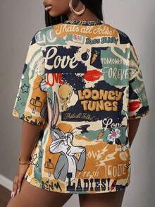 Slaydiva LOONEY TUNES X SHEIN 2026 大尺碼女款休閒街頭風復古卡通圖案V領網格面料短袖T恤，運動網球風，夏季 - 彩色 - 查看 3