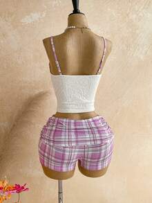 Soleia Women's Vacation Casual Jacquard Camisole & Plaid Shorts 2 Pieces Set - Multicolor - View 2