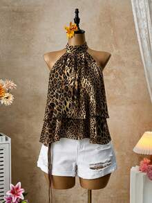 Femesol Yellow Halter Neck Tie Blouse, Elegant Halter Neck Ruffle Hem A-Line Tie Neck Shirt, Light Yellow Casual Office Shirt Halter Neck Backless Blouse For Beach Holiday - Multicolor - View 3
