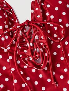 SHEIN MOD Women's Elegant Polka Dot Print Ruffle Tie One-Piece Swimsuit - Red - View 6