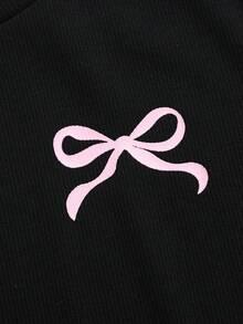 SHEIN Set 2pcs/Set untuk Remaja Perempuan: Kaos dan Legging Kasual Rajut Warna Polos Kerah Bulat dengan Hiasan Pita - Hitam - View 6