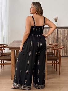 SHEIN CURVE+ Plus Size Vacation Printed Hollow Out Loose Jumpsuit, Summer Bohemian Boho Style Black And Gold - Black - View 2