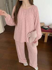 DAZY 两件套女士波点印花雪纺宽松灯笼袖睡衣套装 - 綠色 - 查看 1