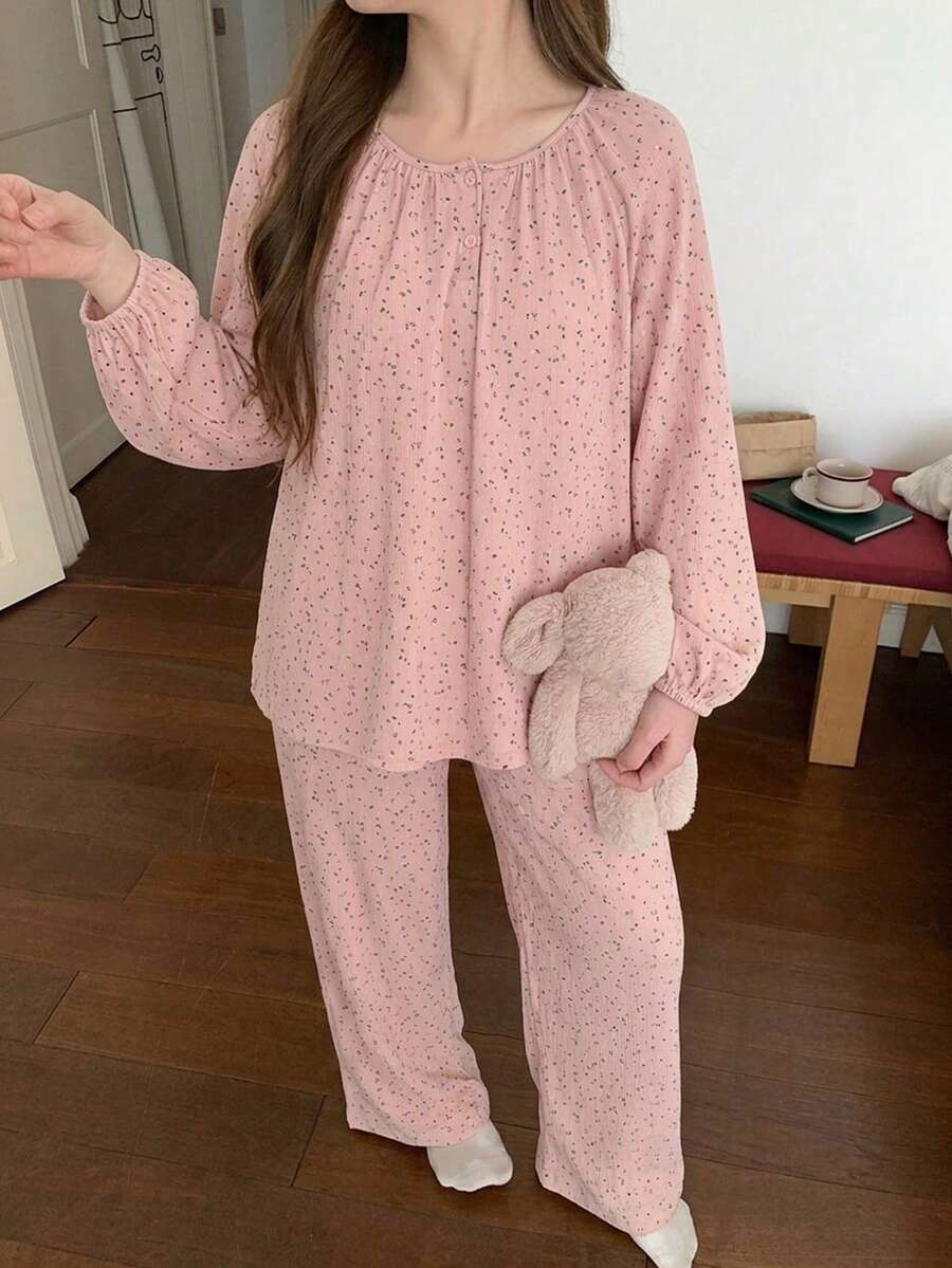 DAZY 两件套女士波点印花雪纺宽松灯笼袖睡衣套装 - 綠色 - 查看 1